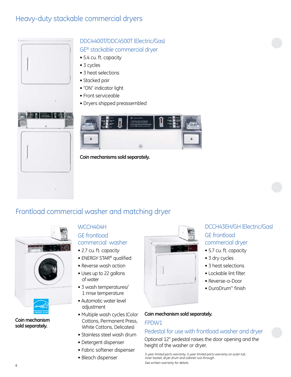 Heavy-duty stackable commercial dryers, Frontload commercial washer and matching dryer | GE commercial washer User Manual | Page 8 / 12