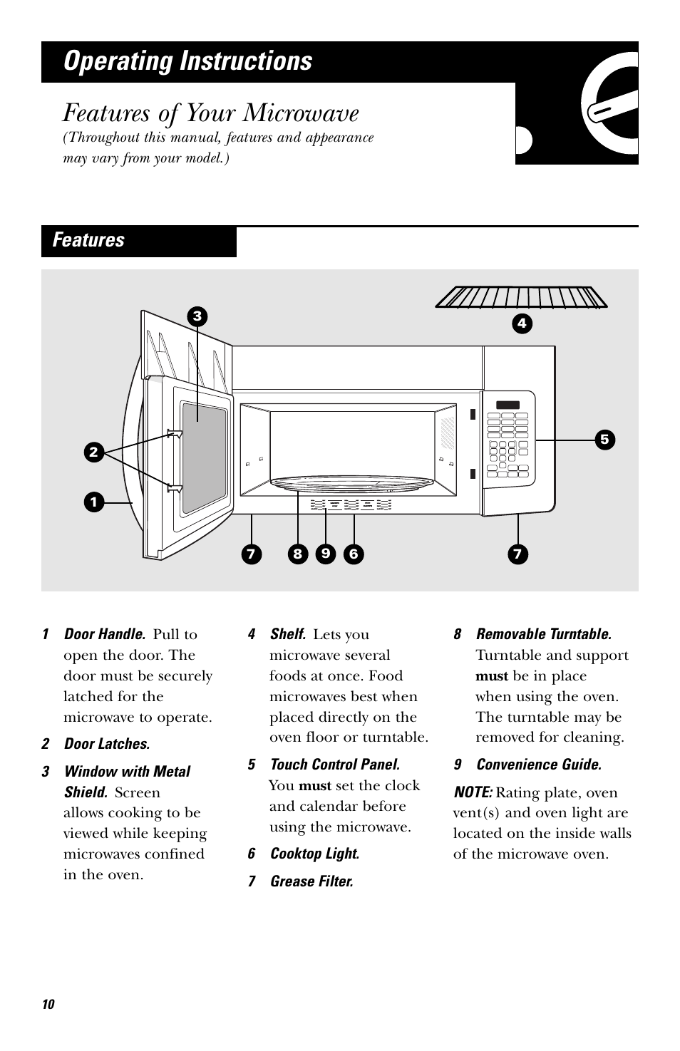 Features of your microwave, Operating instructions, Features | GE EVM1750 User Manual | Page 10 / 48