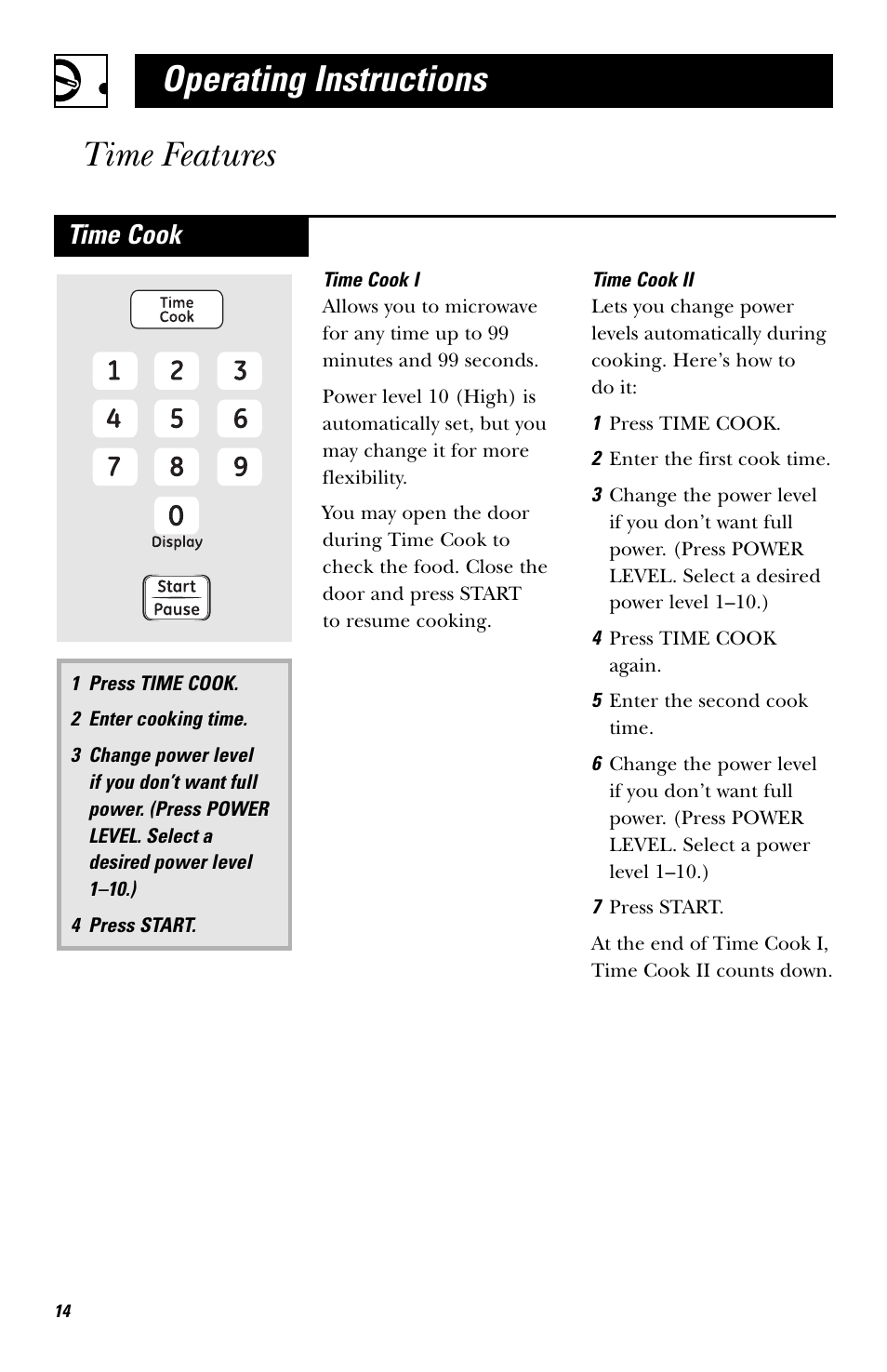 Time cooking, Operating instructions, Time features | Time cook | GE EVM1750 User Manual | Page 14 / 48