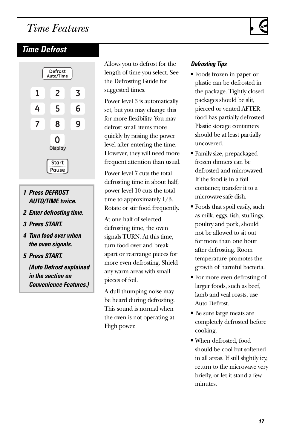 Time features, Time defrost | GE EVM1750 User Manual | Page 17 / 48