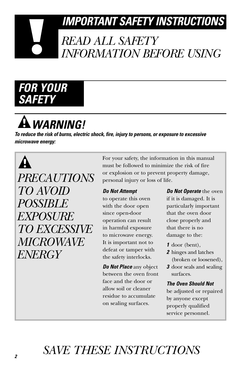 Precautions to avoid possible exposure, To excessive microwave energy, Read all safety information before using | Save these instructions, Important safety instructions, For your safety, Warning | GE EVM1750 User Manual | Page 2 / 48