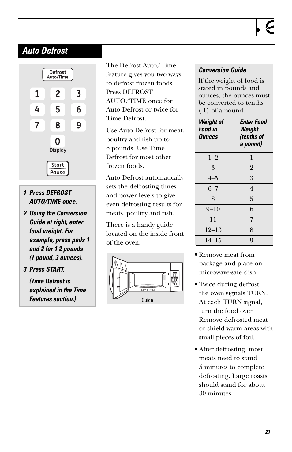 Auto defrost | GE EVM1750 User Manual | Page 21 / 48