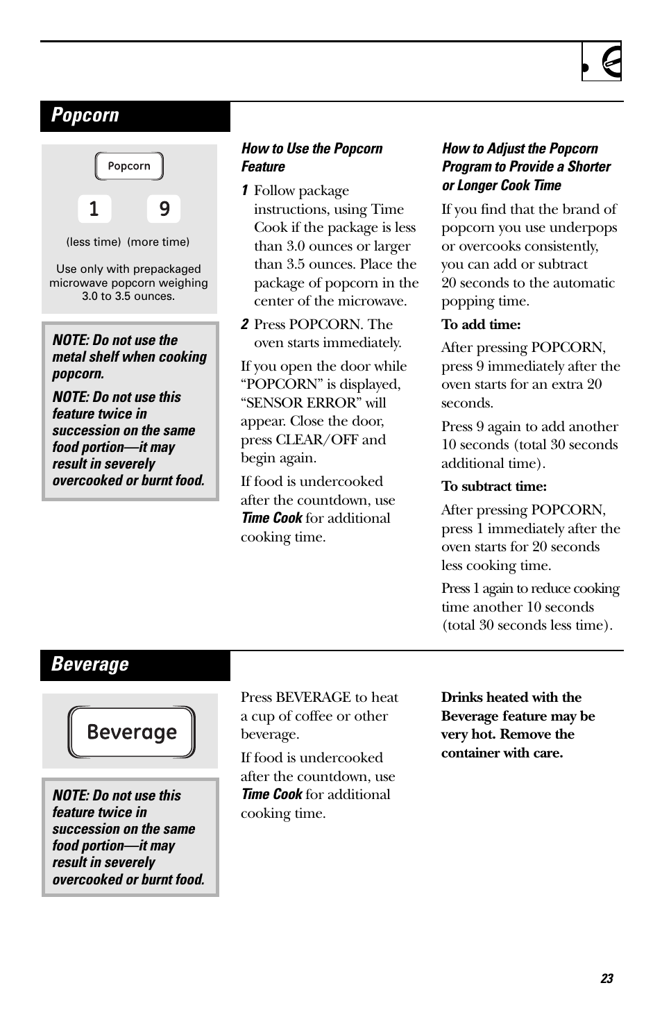 Popcorn, Beverage | GE EVM1750 User Manual | Page 23 / 48