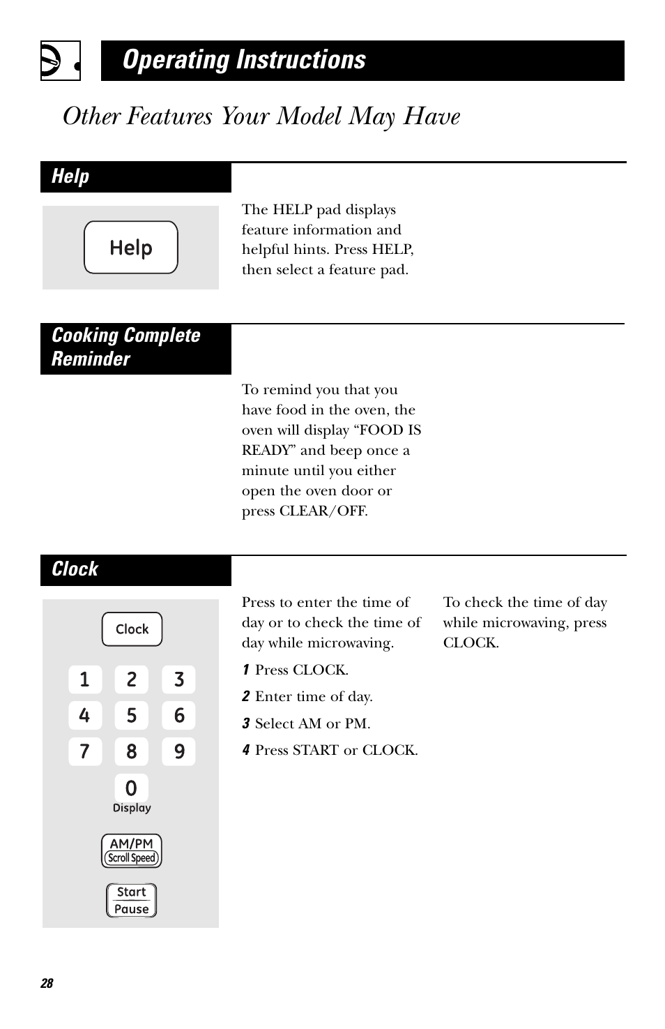 Other features, Operating instructions, Other features your model may have | Help, Cooking complete reminder, Clock | GE EVM1750 User Manual | Page 28 / 48