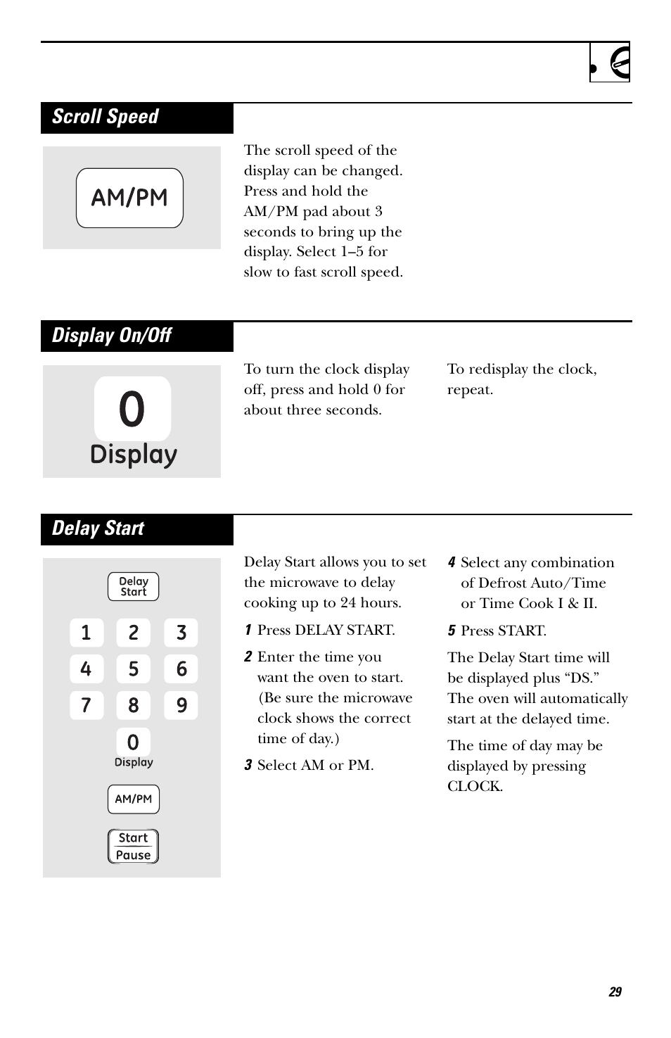 Scroll speed, Display on/off, Delay start | GE EVM1750 User Manual | Page 29 / 48