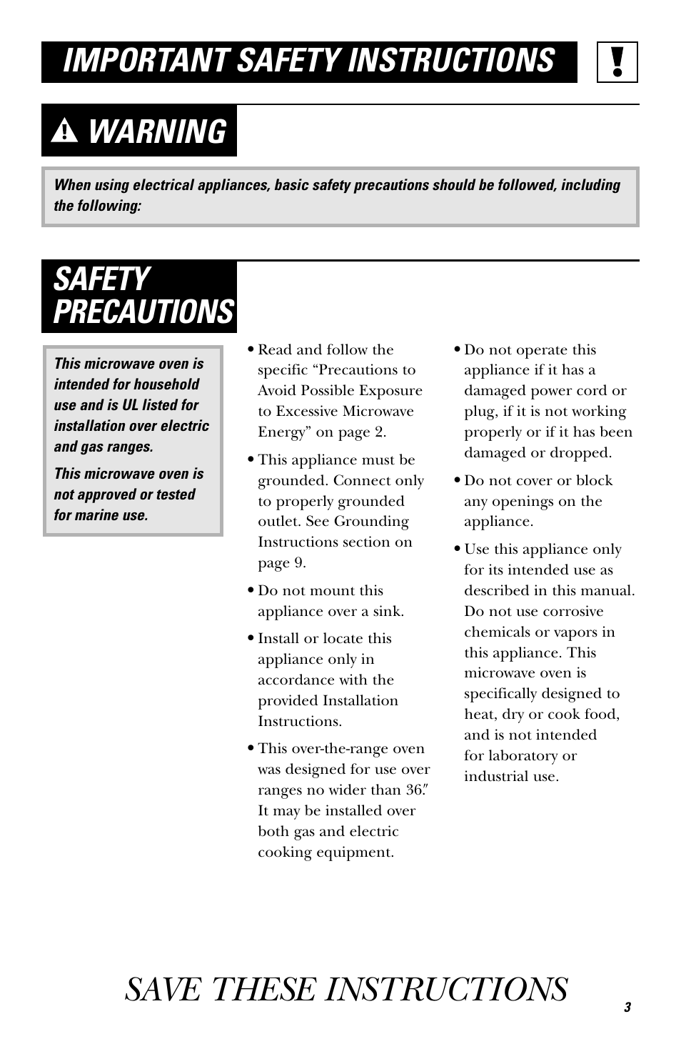 Save these instructions, Warning, Safety precautions important safety instructions | GE EVM1750 User Manual | Page 3 / 48