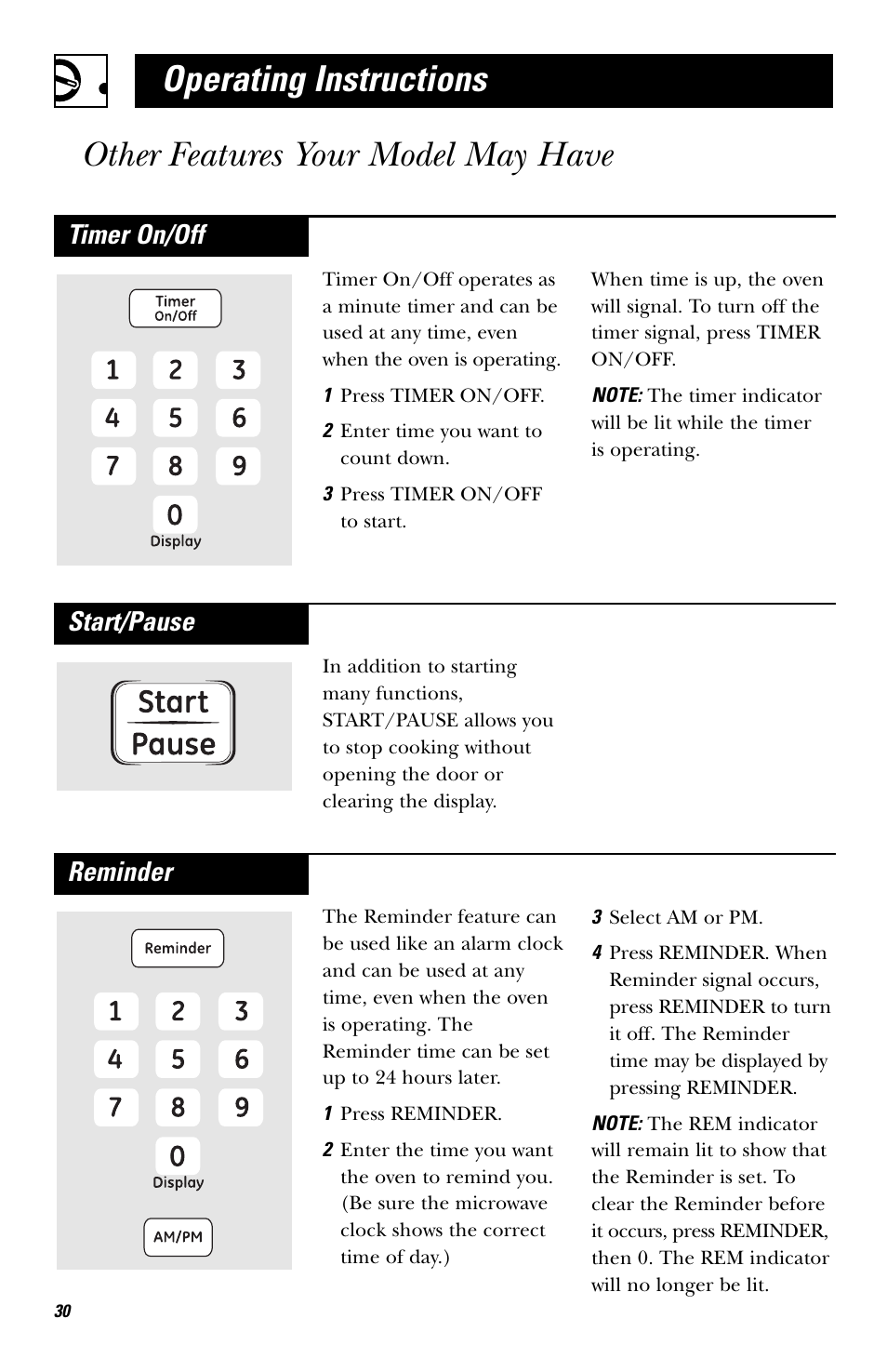 Operating instructions, Other features your model may have, Reminder | Start/pause, Timer on/off | GE EVM1750 User Manual | Page 30 / 48