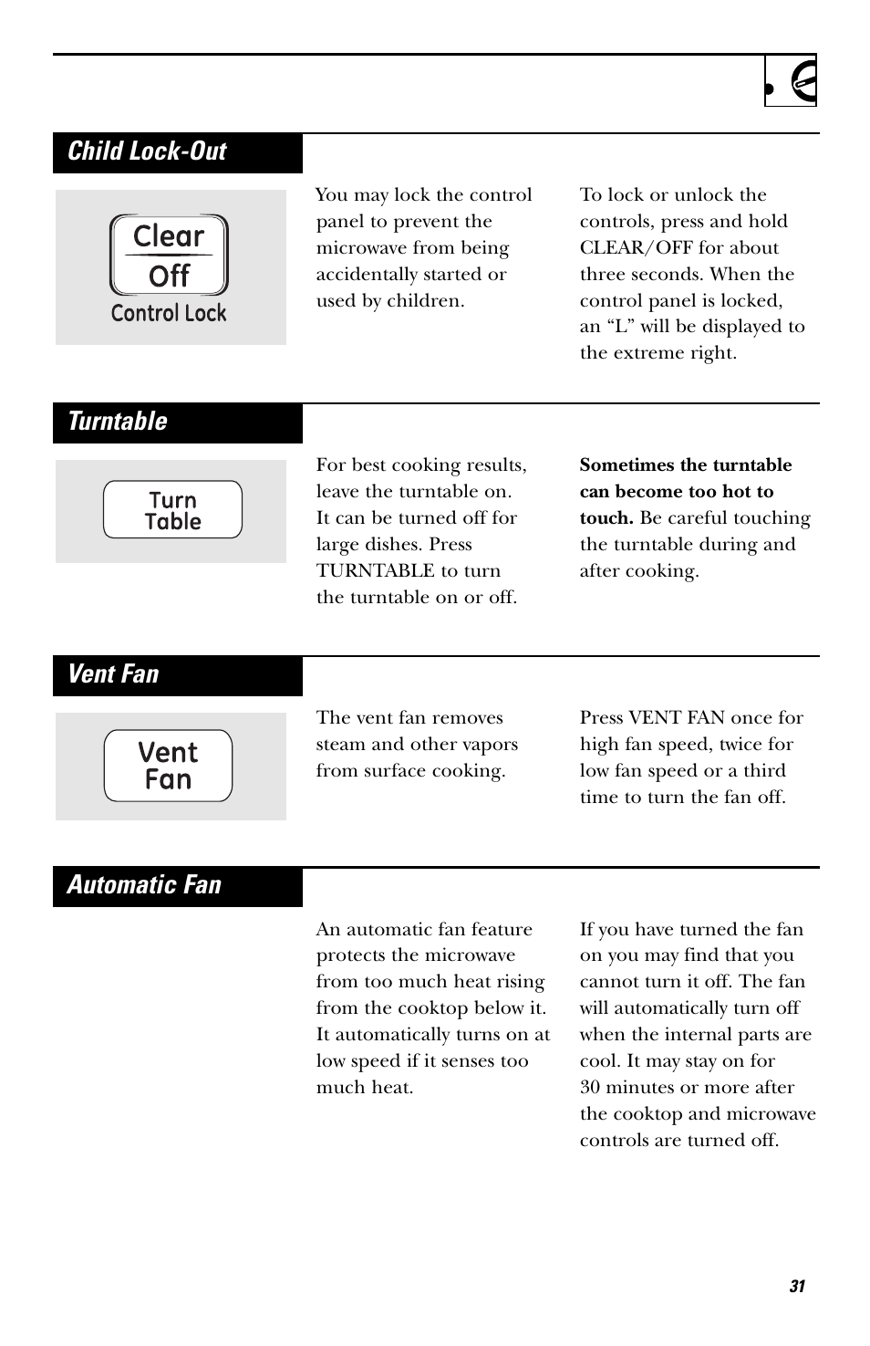 Vent fan, Child lock-out, Automatic fan | Turntable | GE EVM1750 User Manual | Page 31 / 48