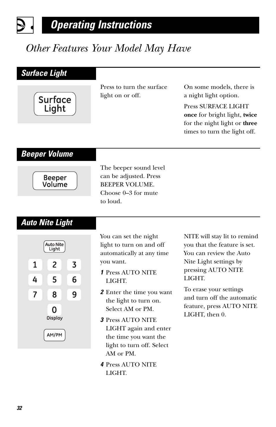 Operating instructions, Other features your model may have, Surface light | Beeper volume, Auto nite light | GE EVM1750 User Manual | Page 32 / 48