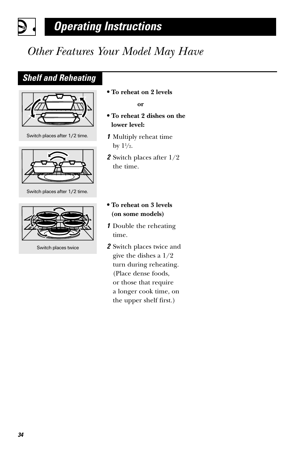 Operating instructions, Other features your model may have, Shelf and reheating | GE EVM1750 User Manual | Page 34 / 48