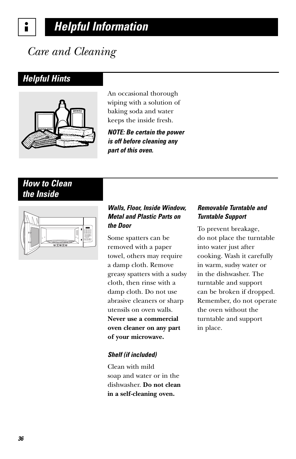 Care and cleaning, Helpful information, Helpful hints | How to clean the inside | GE EVM1750 User Manual | Page 36 / 48