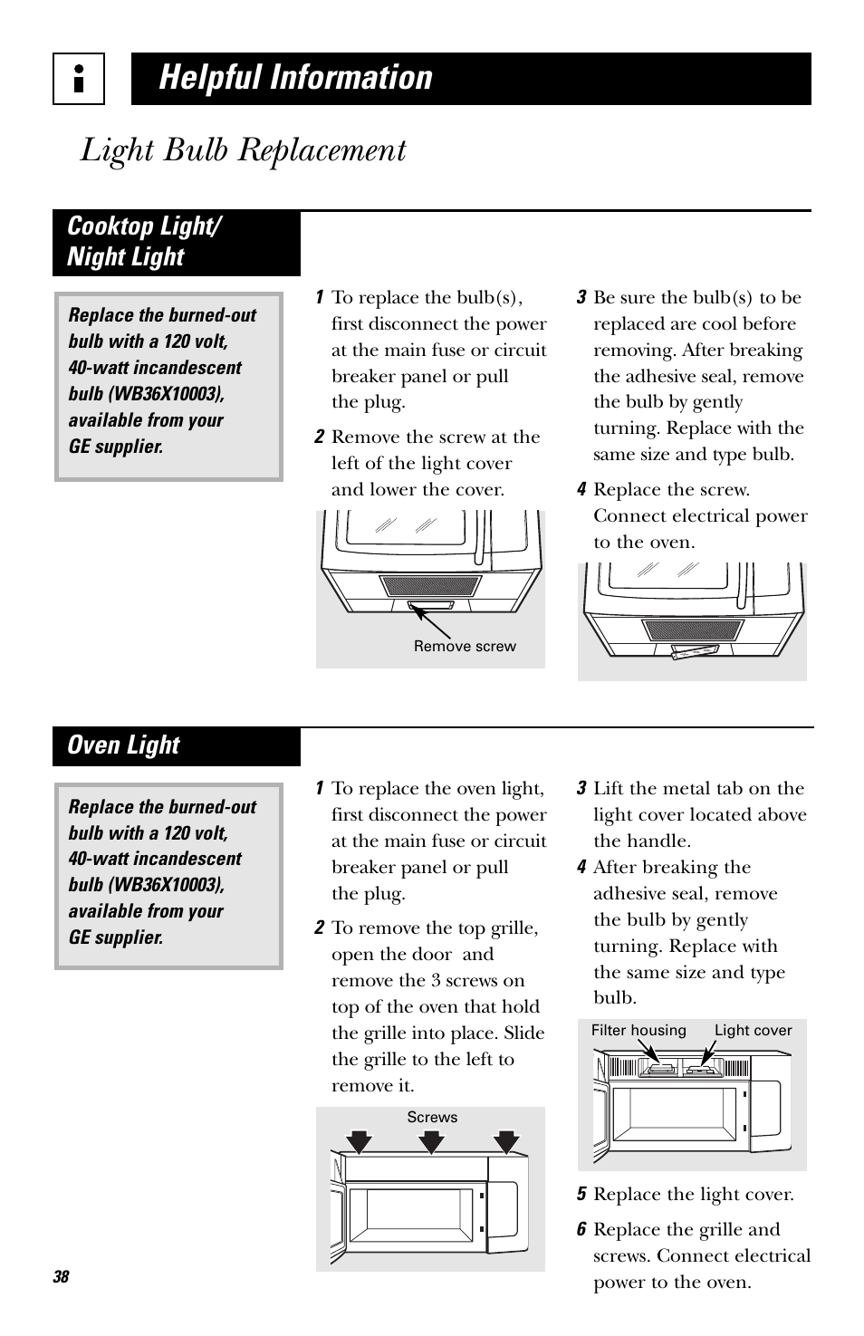 Helpful information, Light bulb replacement, Cooktop light/ night light | Oven light | GE EVM1750 User Manual | Page 38 / 48