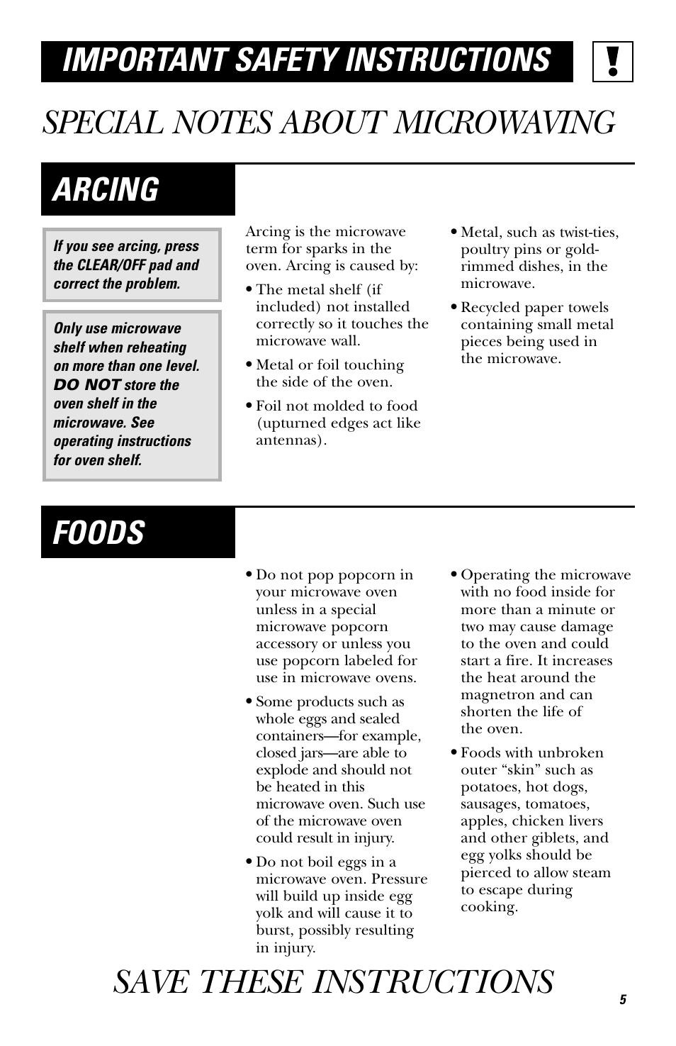 Special notes about microwaving, Save these instructions, Arcing | Foods important safety instructions | GE EVM1750 User Manual | Page 5 / 48