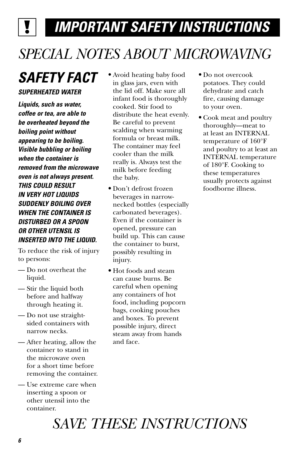 Save these instructions, Safety fact, Important safety instructions | GE EVM1750 User Manual | Page 6 / 48