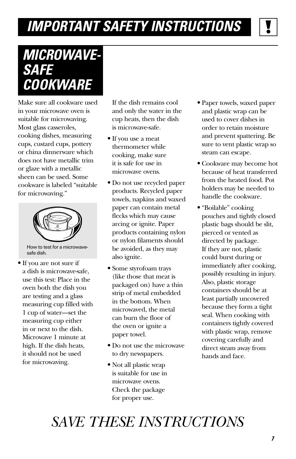 Save these instructions, Microwave- safe cookware, Important safety instructions | GE EVM1750 User Manual | Page 7 / 48