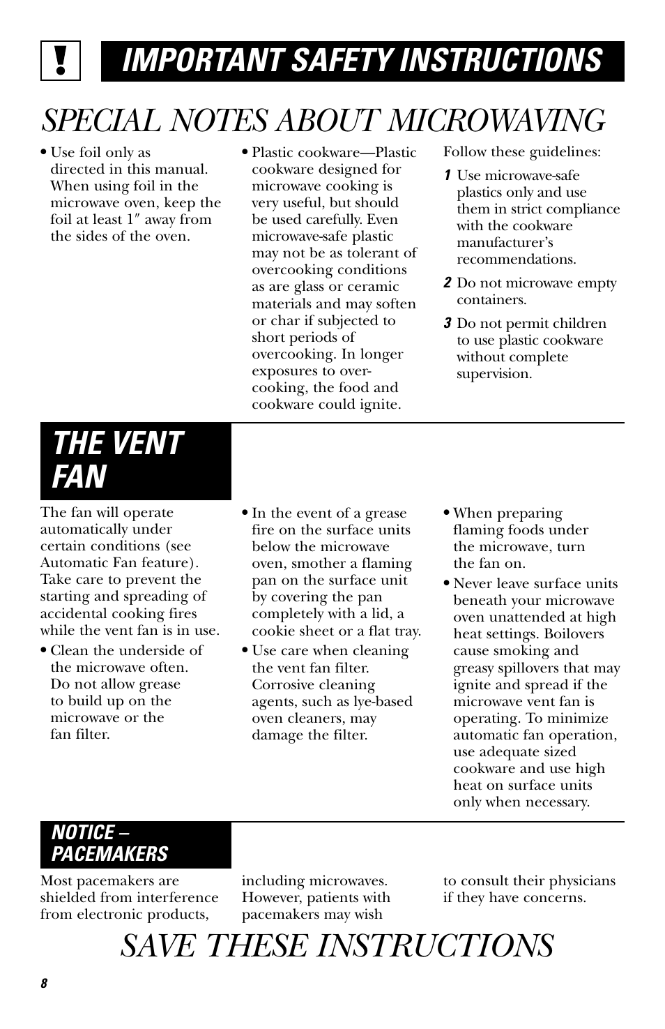 Save these instructions, The vent fan important safety instructions, Notice – pacemakers | GE EVM1750 User Manual | Page 8 / 48