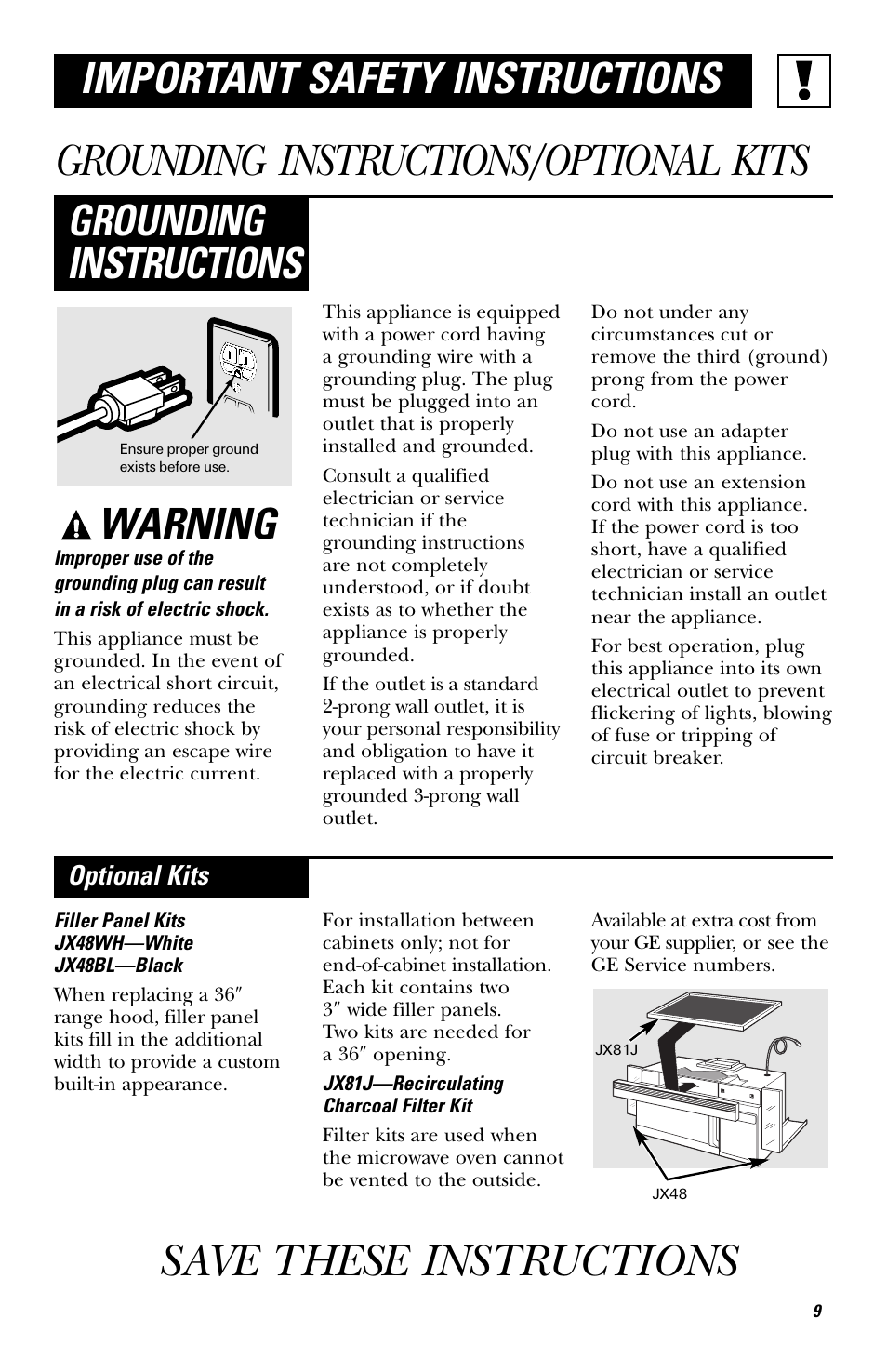 Grounding instructions/optional kits, Save these instructions, Warning | Grounding instructions, Important safety instructions, Optional kits | GE EVM1750 User Manual | Page 9 / 48