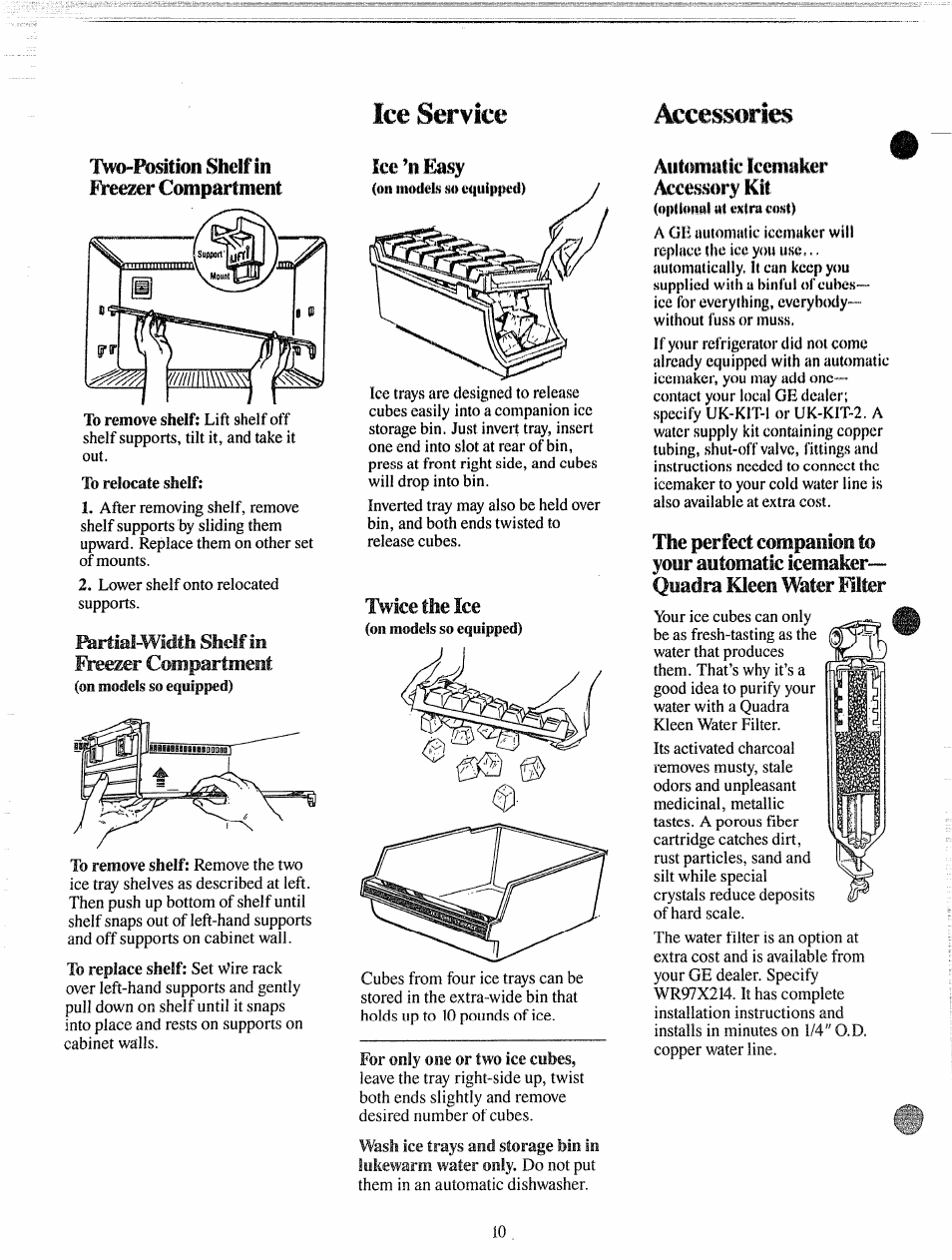 Two-position shelf in ereezer compartment, Automatic icemaker accessory kit, Ice service accessories | Ice ’n easy, Freezer compartment, L^wlce the ice | GE 49-6514 User Manual | Page 10 / 15