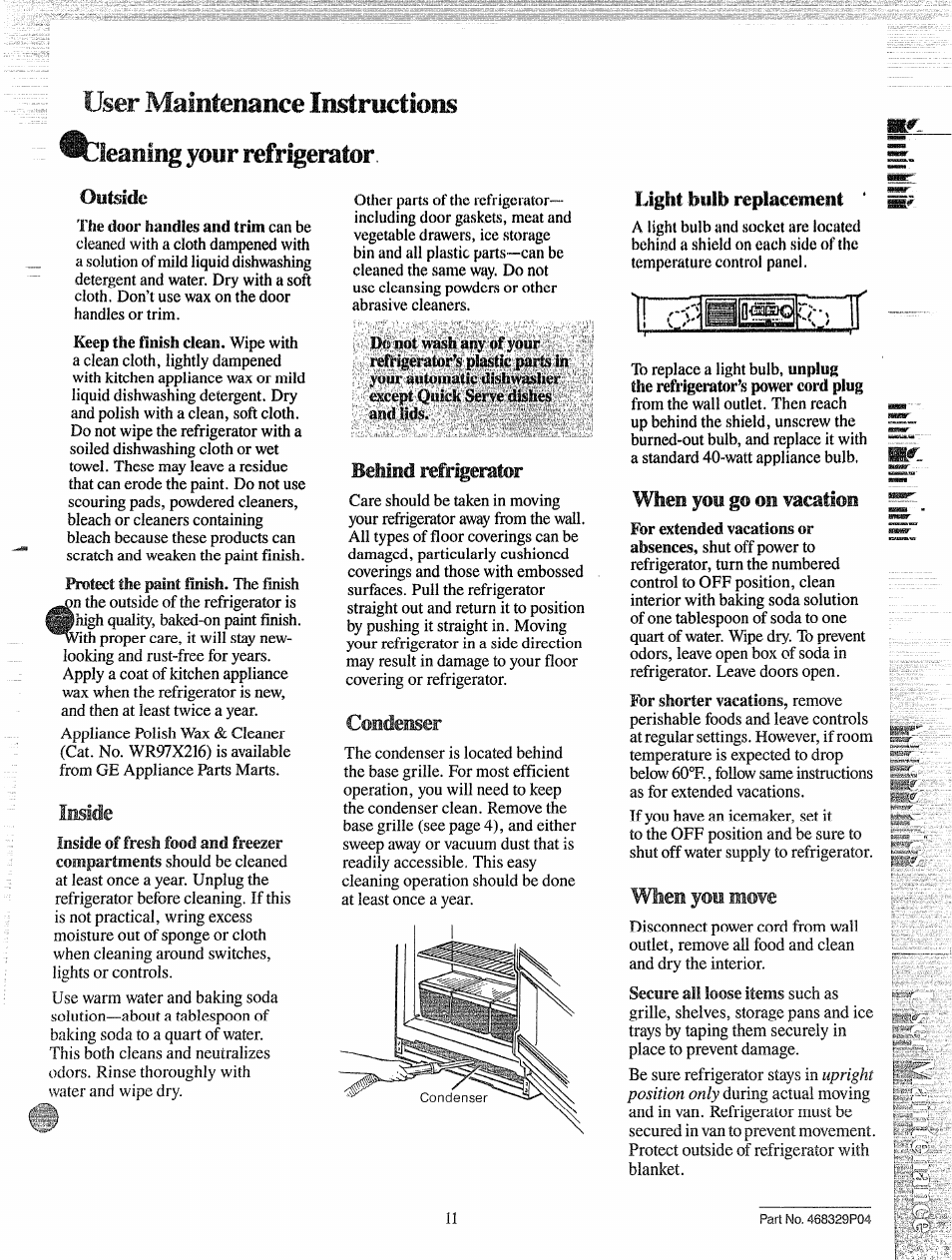 Biêwm&ëêêiêêê bemud refrigerator, Cept quick serjc' dish, Inside | Coiideiiser, When yoii go on vacation, Wliee ycmi move, Outside, Bemud refrigerator, Light biilb replacement | GE 49-6514 User Manual | Page 11 / 15