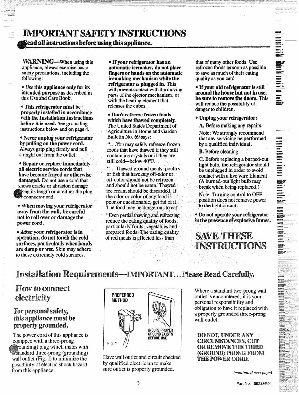 Mifoetant safety instructions, Ÿead ail instmctioiig before limng this apfmlance, How to connect electricity ; 4 | Save these instructions installation requirements, Important... piease read carefully | GE 49-6514 User Manual | Page 3 / 15