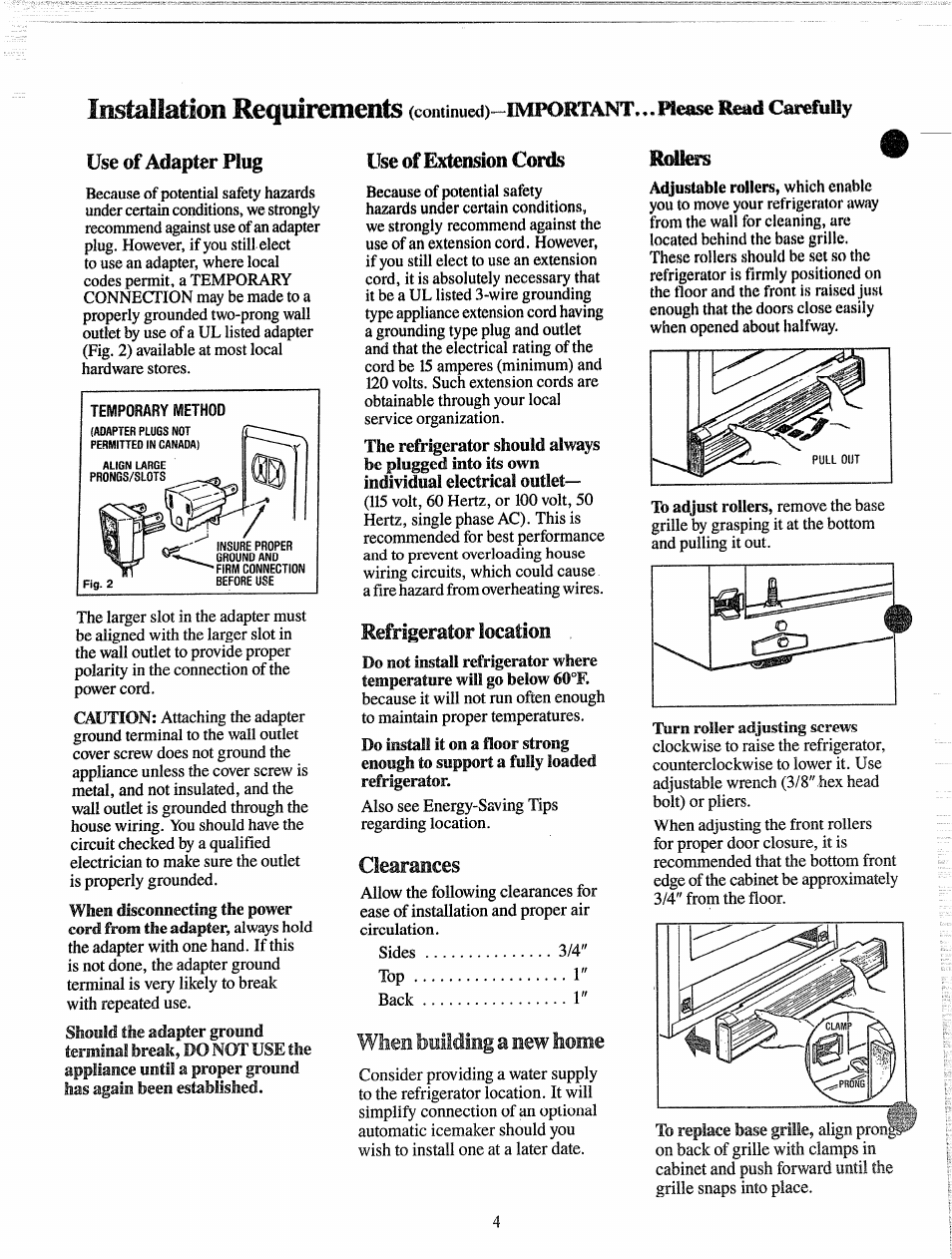 Use of adapter plug, Use of hateiislon cords, Refrigerator locatloo | Clearances, Plug, When bnlliltiig a new home, Use of adapter | GE 49-6514 User Manual | Page 4 / 15