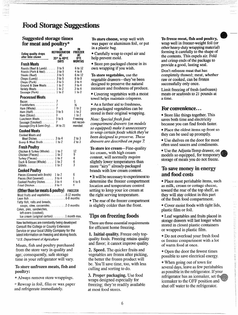Ups op freezing foods, Forconveniepce, To save mopey ip epergy and food costs | Epergy and food costs, So^ested siomge times for meat and poultry, Fresh meats, Processed meats, Ccgfied meats, Fresh poultry, Cooked poultry | GE 49-6514 User Manual | Page 6 / 15