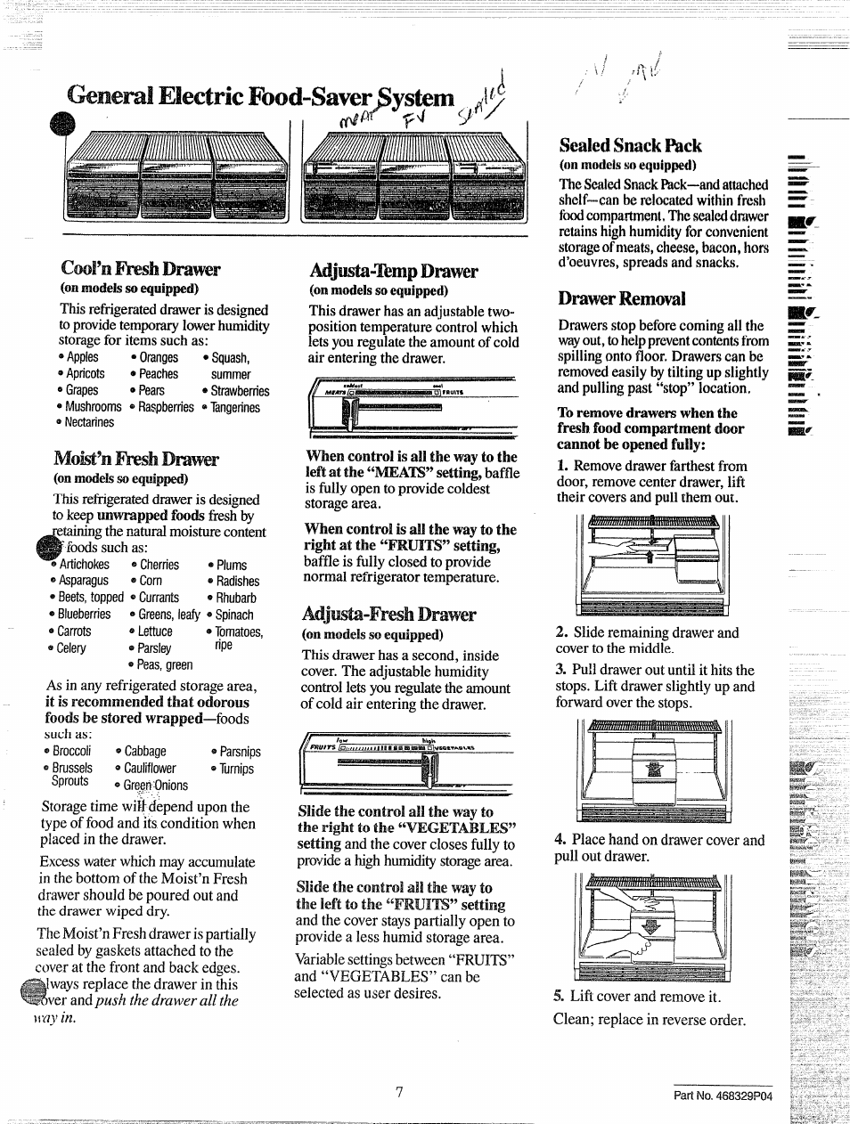 Genera! electric food=saversystem, Moisc'h fresi! drawer, Adjusta-fresli drawer | Sealed snack fack, Drawer removal, Coof e fresli drawer, Adjusia-ibitip drawer | GE 49-6514 User Manual | Page 7 / 15