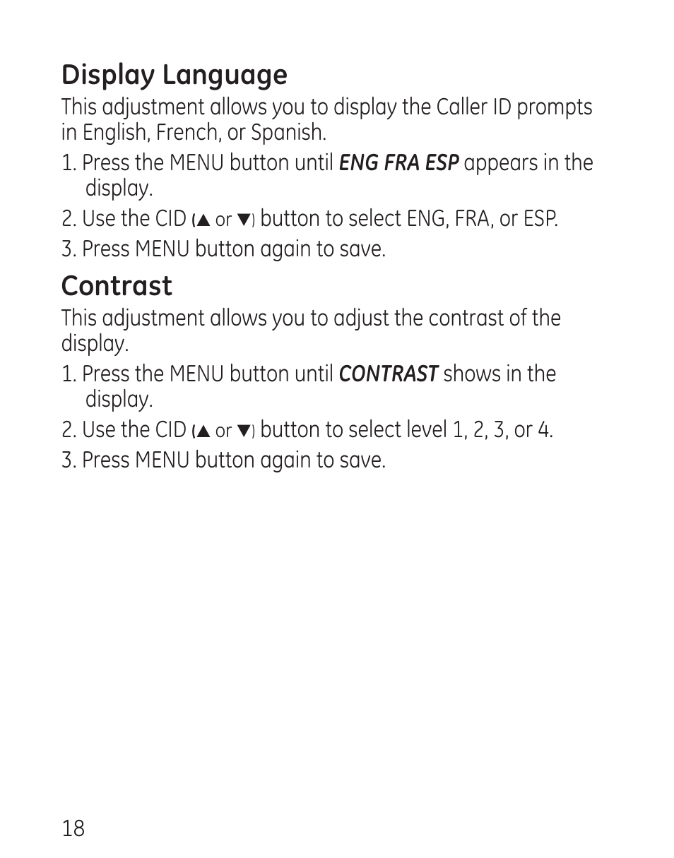Display language, Contrast | GE 29579 User Manual | Page 18 / 96