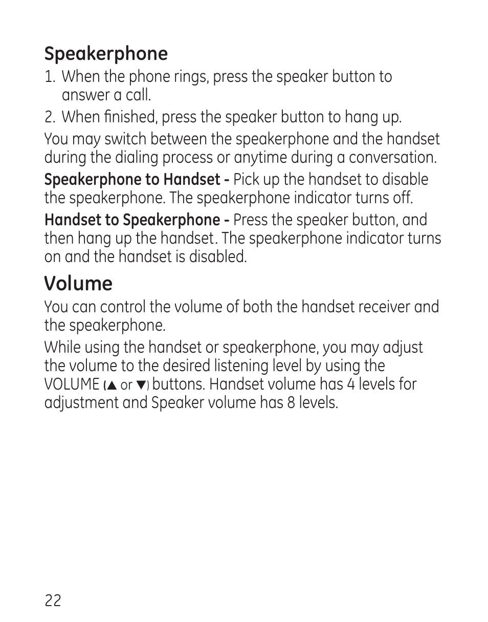 Volume, Speakerphone | GE 29579 User Manual | Page 22 / 96
