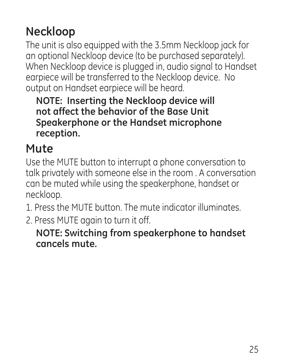 Neckloop, Mute | GE 29579 User Manual | Page 25 / 96