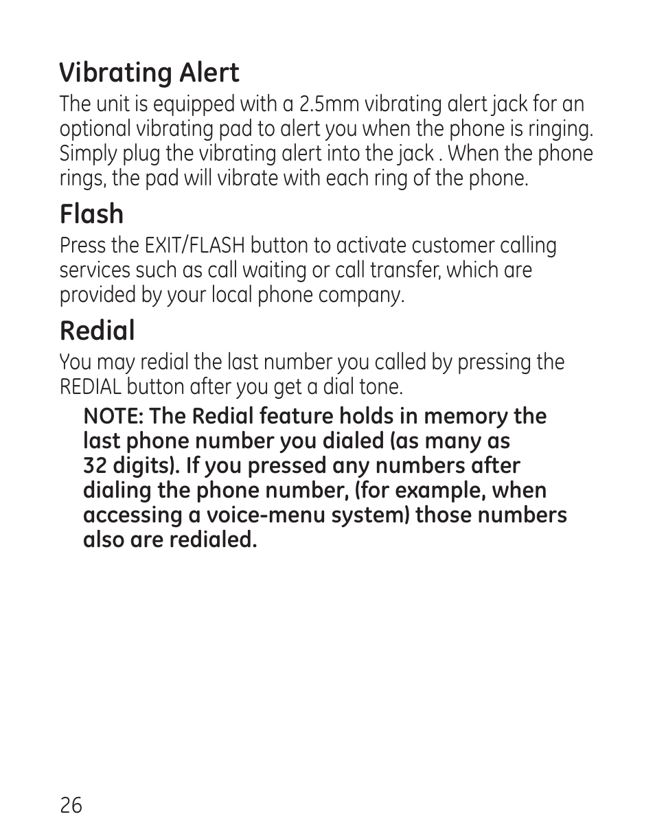 Vibrating alert, Flash, Redial | GE 29579 User Manual | Page 26 / 96
