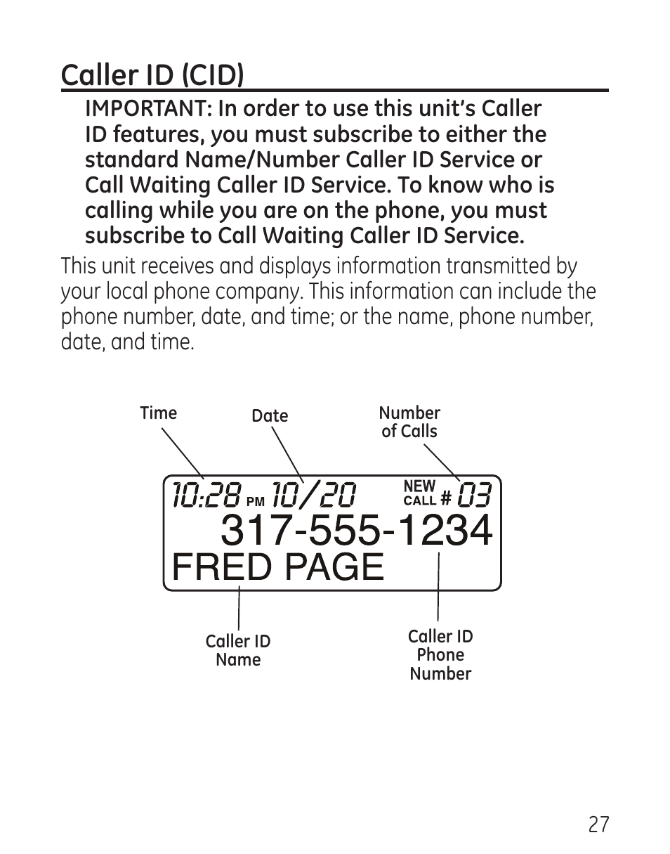 Caller id (cid) | GE 29579 User Manual | Page 27 / 96