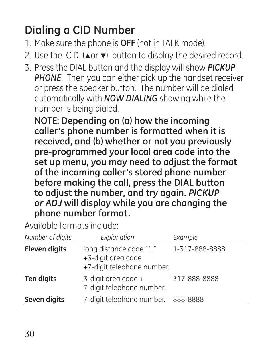 Dialing a cid number | GE 29579 User Manual | Page 30 / 96