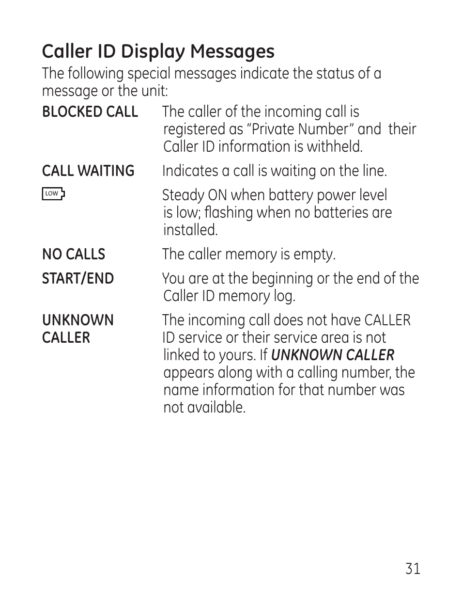 Caller id display messages | GE 29579 User Manual | Page 31 / 96