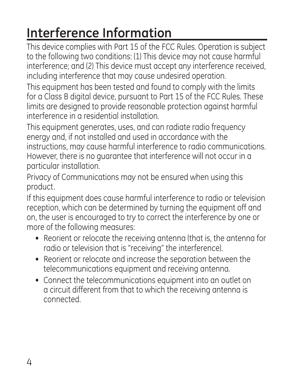 Interference information | GE 29579 User Manual | Page 4 / 96
