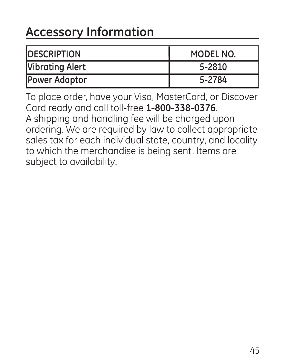 Accessory information | GE 29579 User Manual | Page 45 / 96