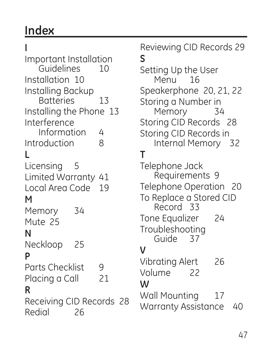 Index | GE 29579 User Manual | Page 47 / 96