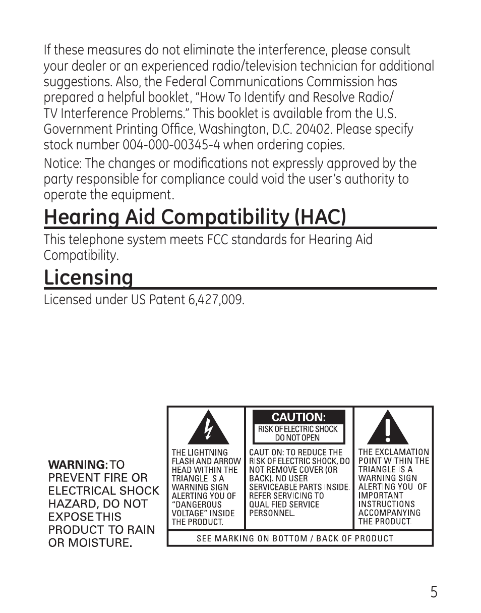 Hearing aid compatibility (hac), Licensing | GE 29579 User Manual | Page 5 / 96
