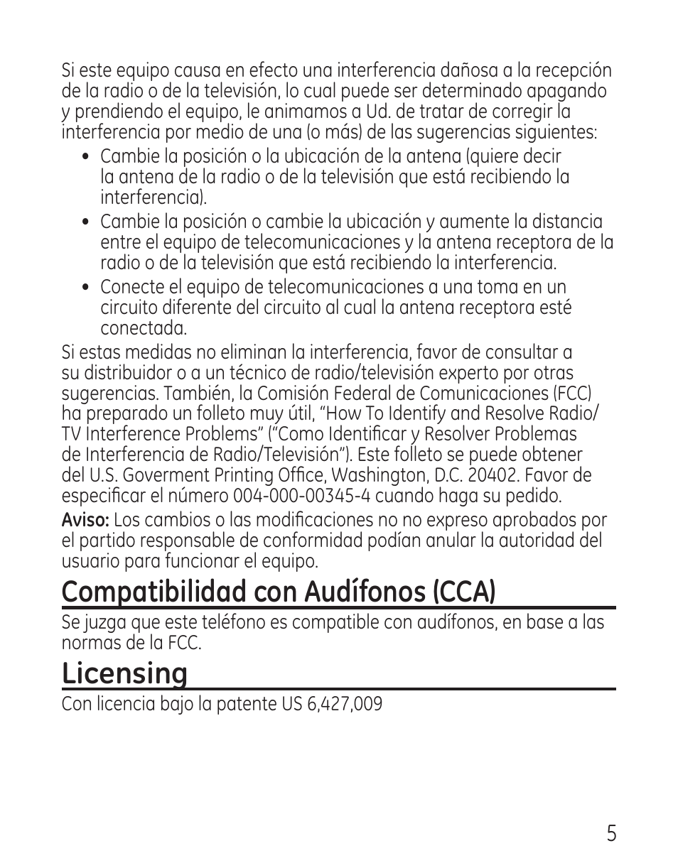 Compatibilidad con audífonos (cca), Licensing | GE 29579 User Manual | Page 53 / 96