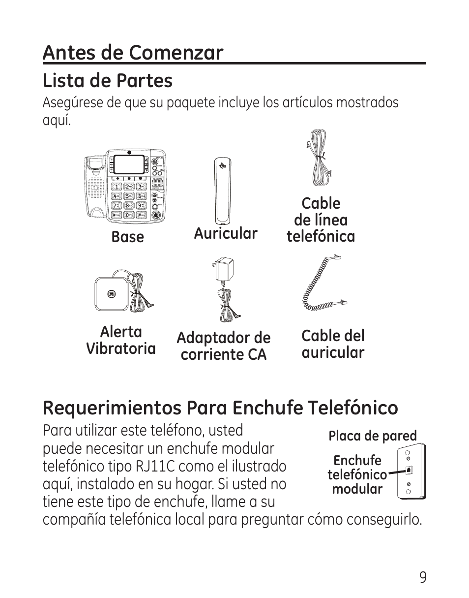 Antes de comenzar, Lista de partes, Requerimientos para enchufe telefónico | GE 29579 User Manual | Page 57 / 96