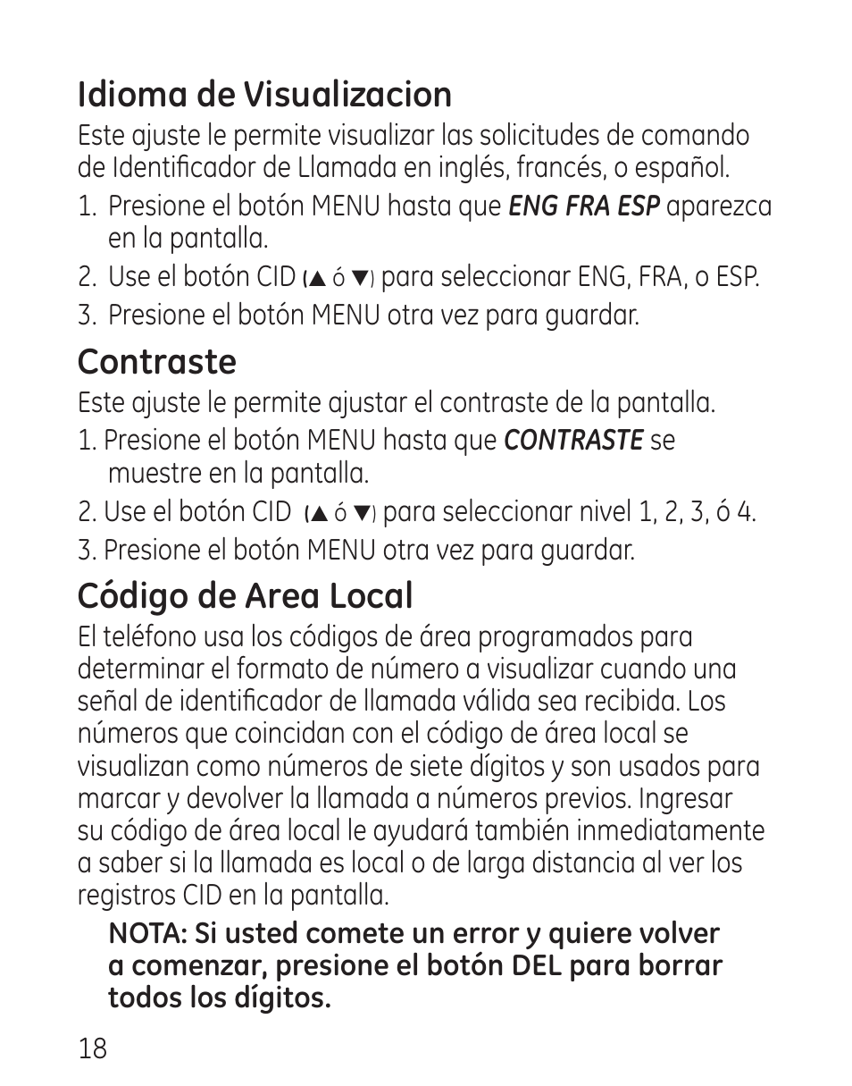 Idioma de visualizacion, Contraste, Código de area local | GE 29579 User Manual | Page 66 / 96