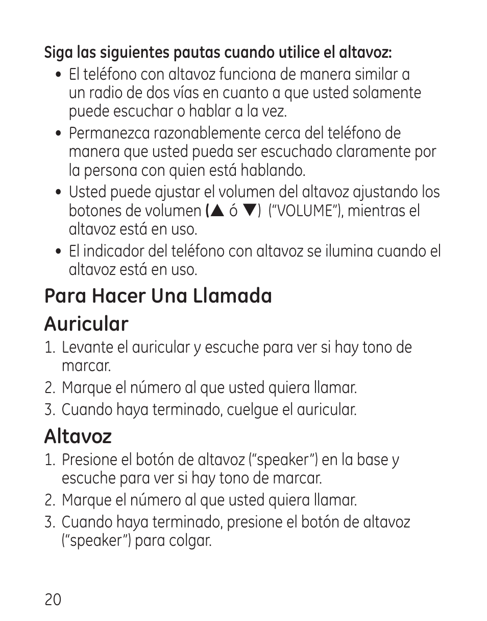Para hacer una llamada auricular, Altavoz | GE 29579 User Manual | Page 68 / 96