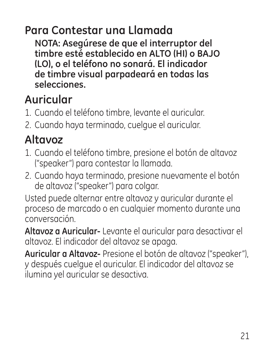 Para contestar una llamada, Auricular, Altavoz | GE 29579 User Manual | Page 69 / 96