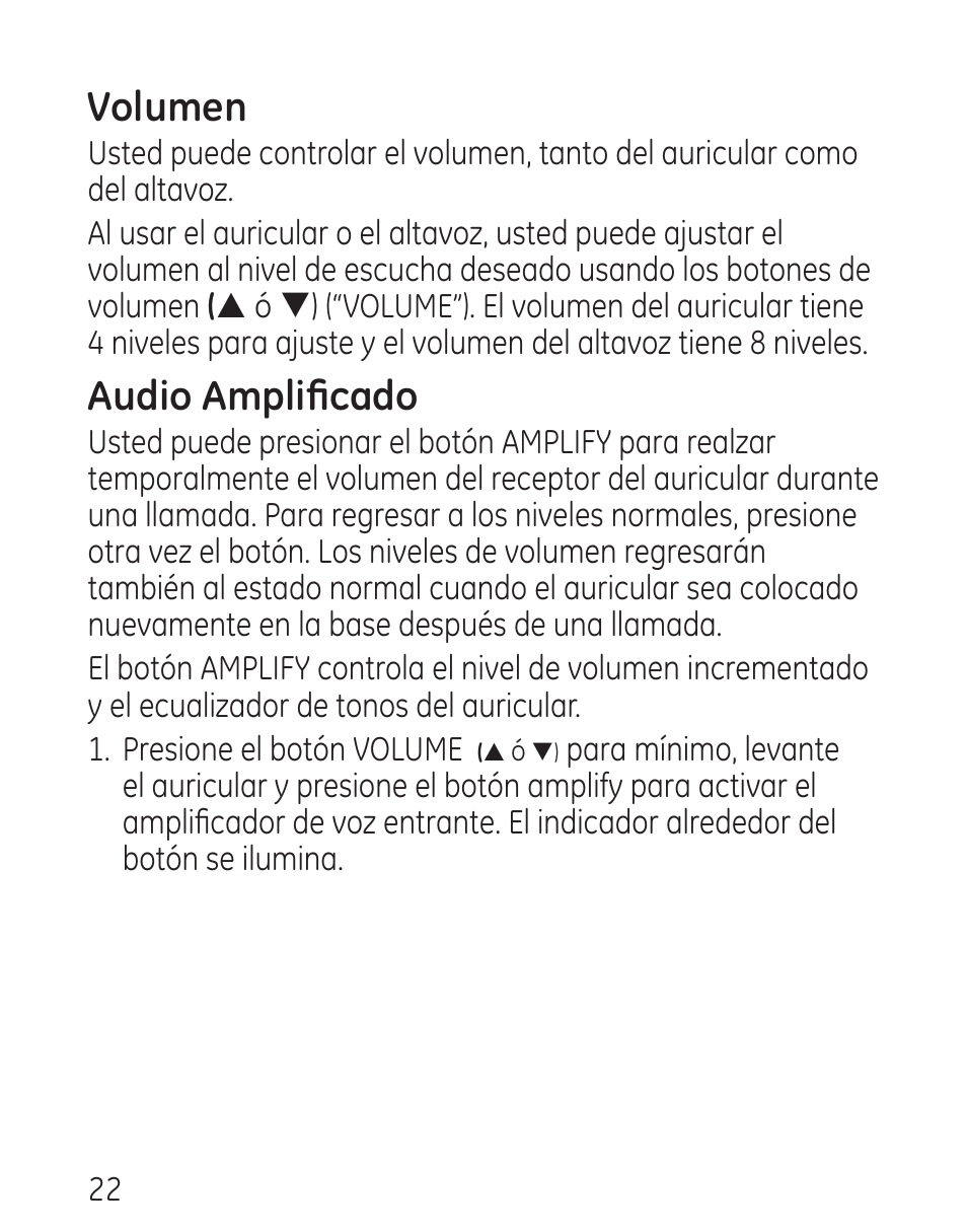 Volumen, Audio amplificado | GE 29579 User Manual | Page 70 / 96