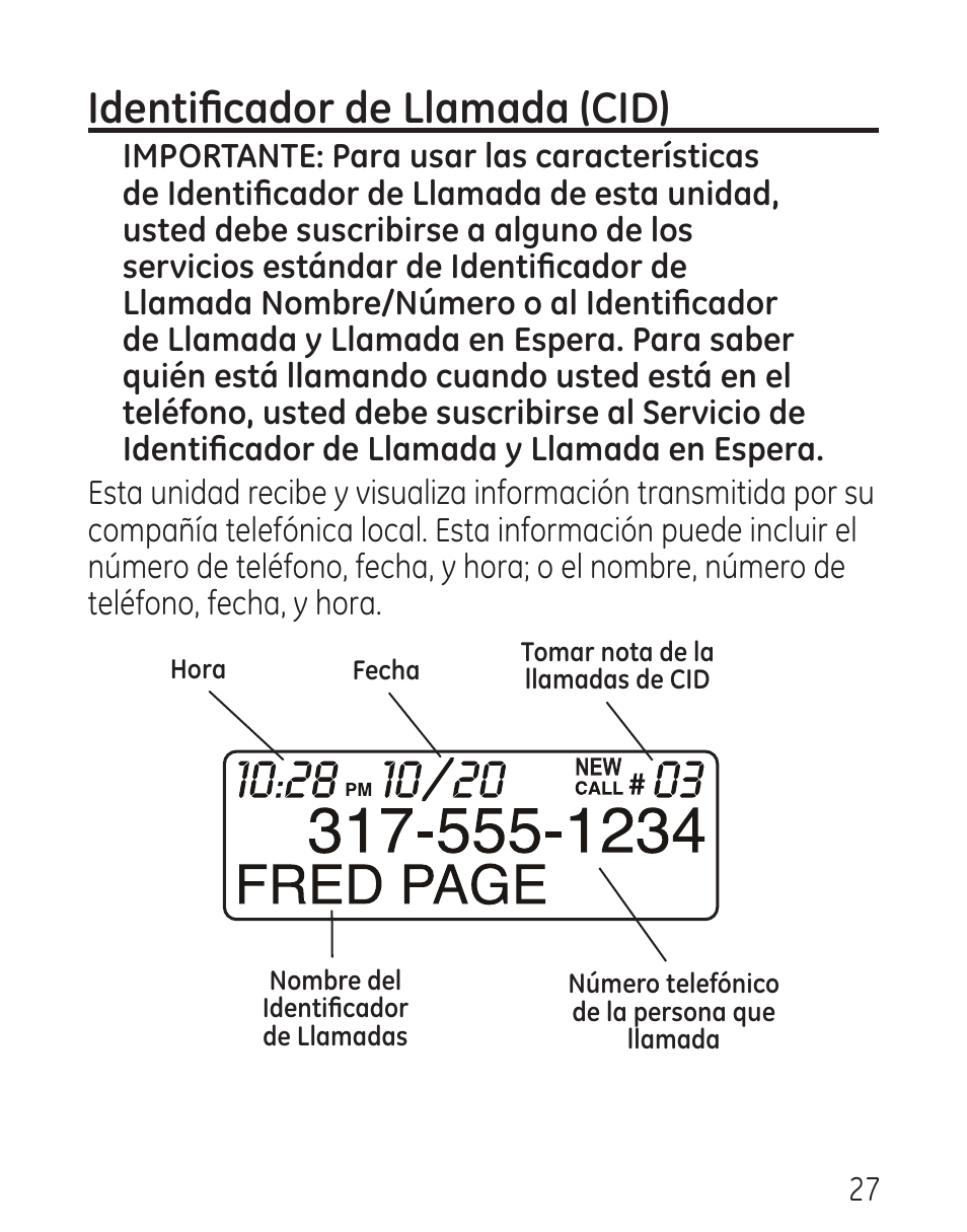 Identificador de llamada (cid) | GE 29579 User Manual | Page 75 / 96
