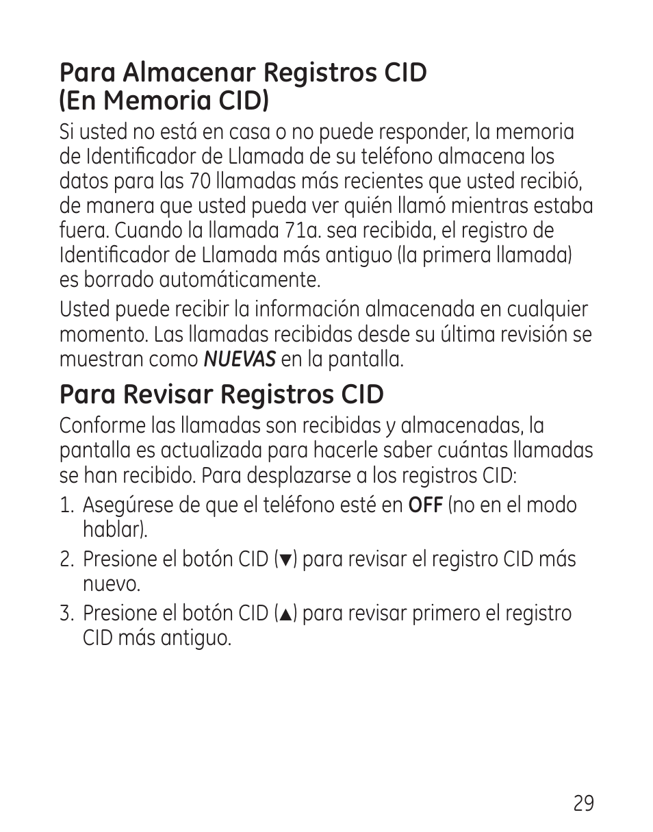 Para revisar registros cid | GE 29579 User Manual | Page 77 / 96