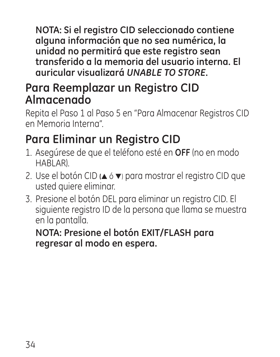 Para reemplazar un registro cid almacenado, Para eliminar un registro cid | GE 29579 User Manual | Page 82 / 96