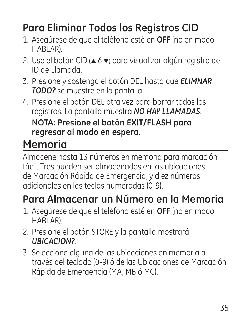 Para eliminar todos los registros cid | GE 29579 User Manual | Page 83 / 96