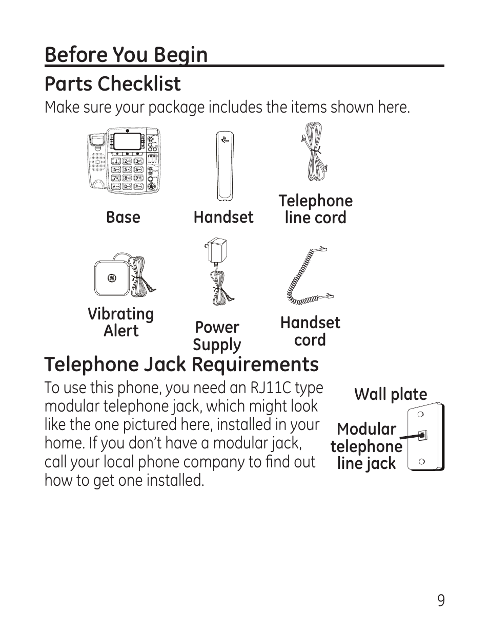 Before you begin, Parts checklist, Telephone jack requirements | GE 29579 User Manual | Page 9 / 96