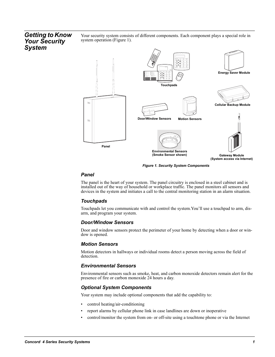 Getting to know your security system, Figure 1. security system components, Panel | Touchpads, Door/window sensors, Motion sensors, Environmental sensors, Optional system components | GE Concord 4 User Manual | Page 11 / 72